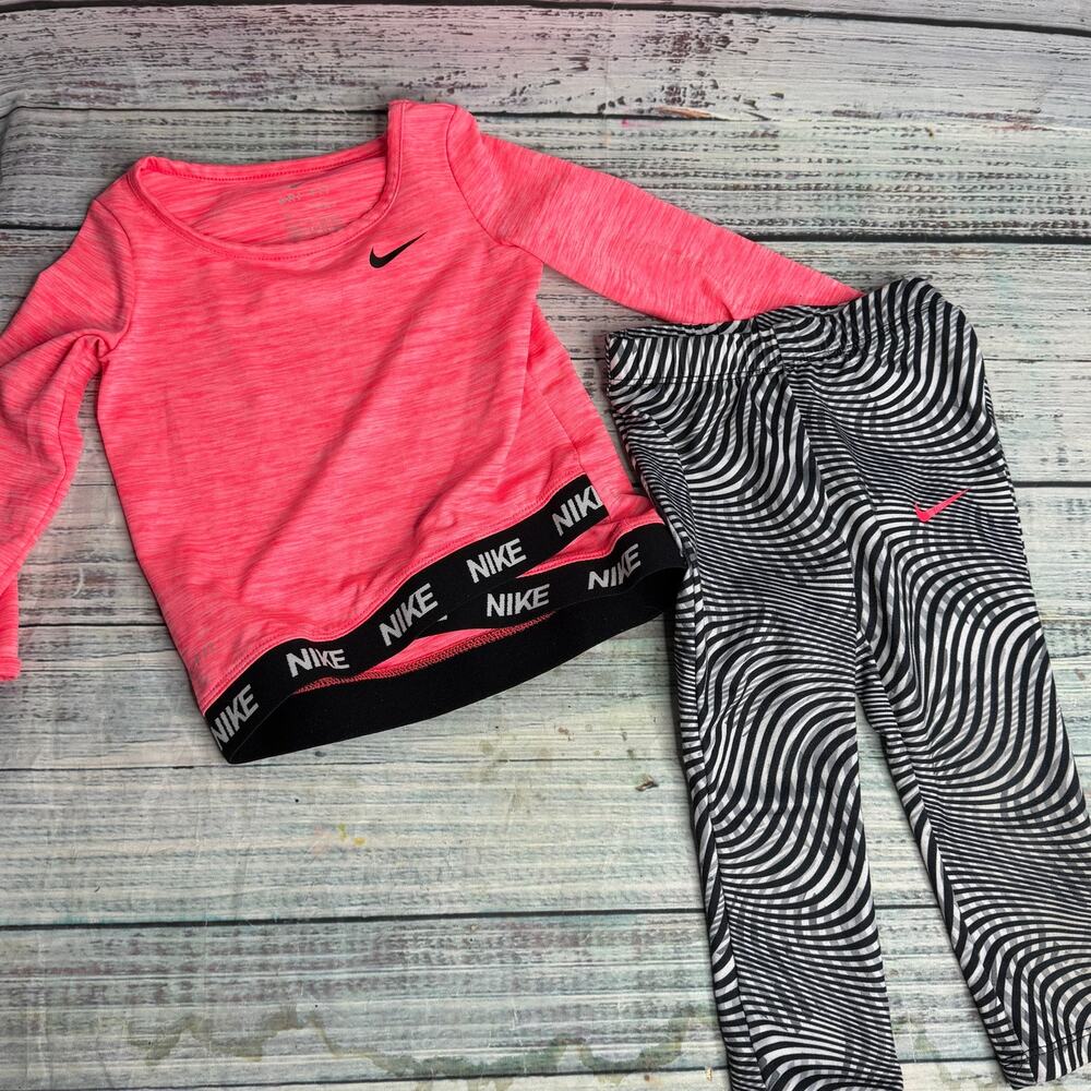 Nike Dri-FIT Baby 18M Outfit Set Pink Top Black White Leggings Athletic